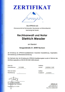 Anwaltskanzlei MESSLER & MESSLER | Rechtsanwalt und Notar in Bochum – nach ISO 9001:2000 zertifiziert